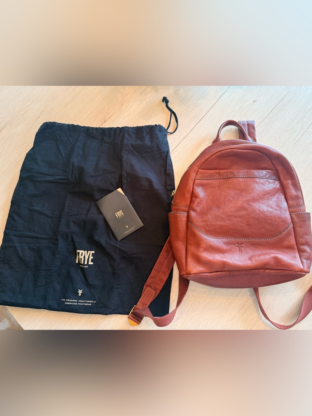 Frye Melissa Chestnut Leather Mini Backpack with Front Pocket & Gold Hardware